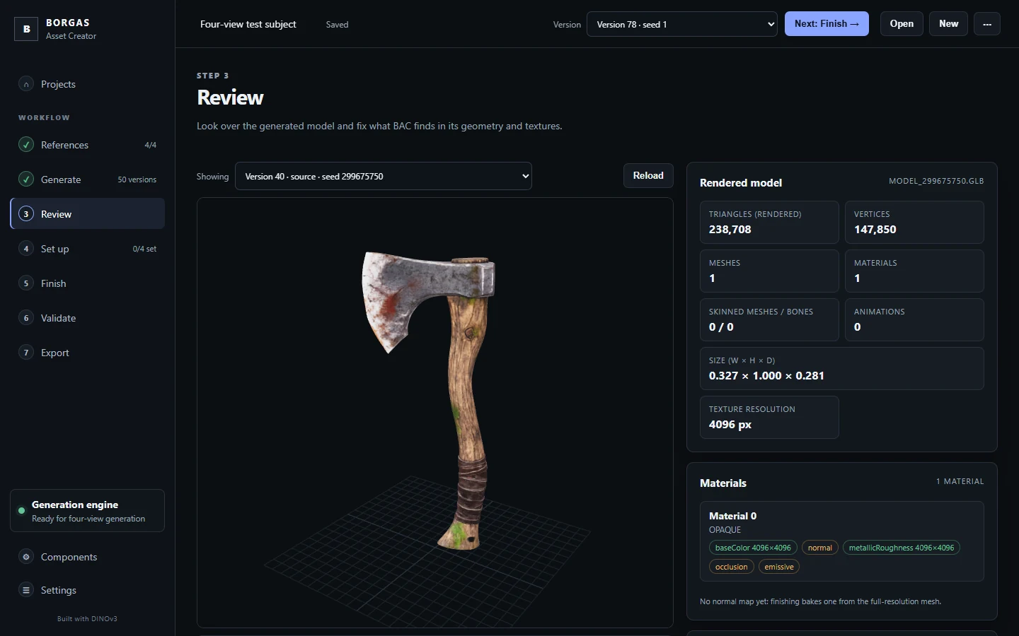 BORGAS Asset Creator Review screen showing a generated, textured wood-handled axe with 238,708 triangles and 4096-pixel textures, with the workflow steps in the sidebar
