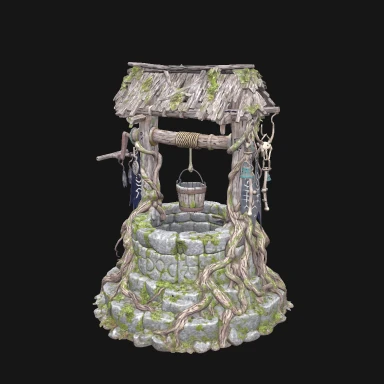Overgrown stone well with a wooden roof, bucket and hanging charms, generated by BAC