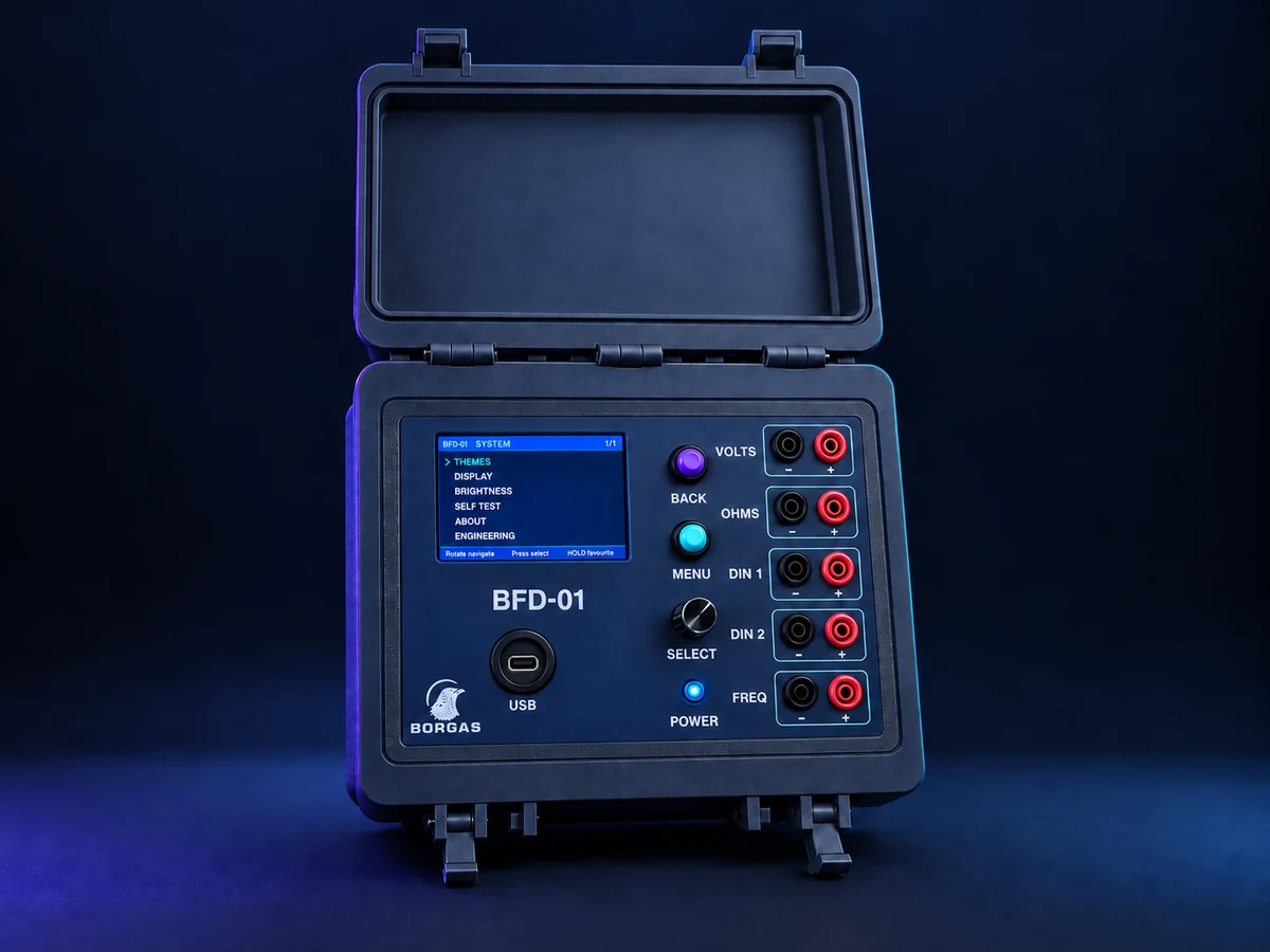 BFD-01 in an open navy case with violet and cyan controls, USB-C port and five pairs of red and black terminals