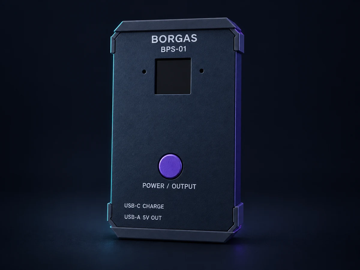 BPS-01 navy battery supply with a square display and violet power button