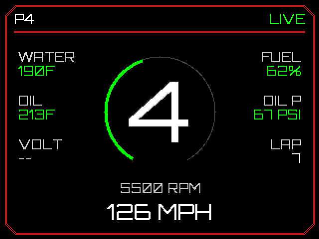 BRC-02 rev-ring layout: gear inside a tachometer ring, with water, oil, fuel and lap readouts around it