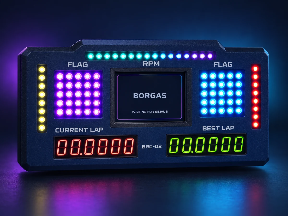 BRC-02 navy racing dashboard with cyan and violet LEDs and red and green lap displays, without a stand