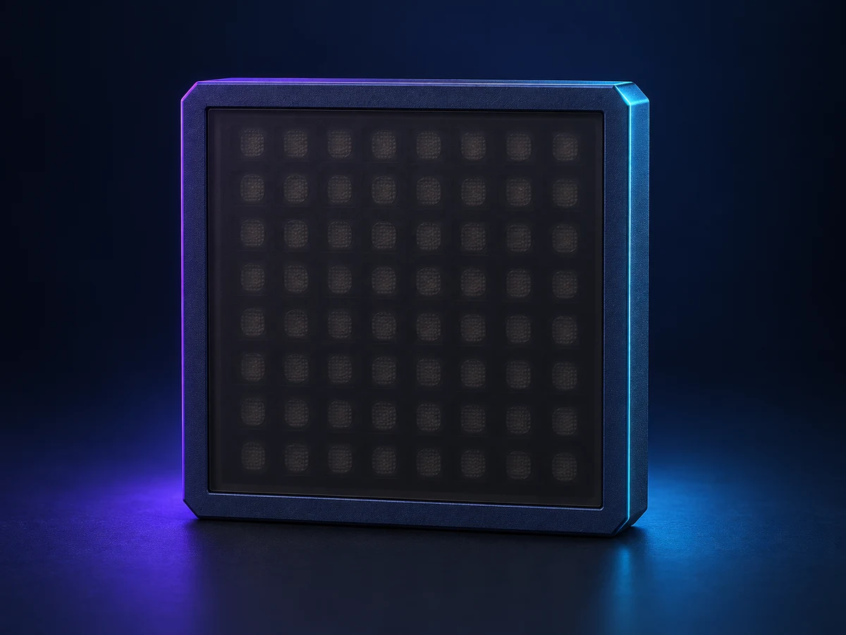 BRC-FL square 8 by 8 flag panel in navy with violet and cyan rim lighting
